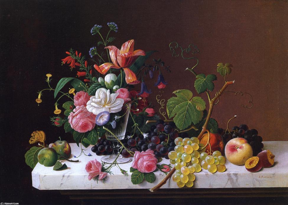 Wikioo.org - The Encyclopedia of Fine Arts - Painting, Artwork by Severin Roesen - Fruit and Flowers on a Marble Table Ledge