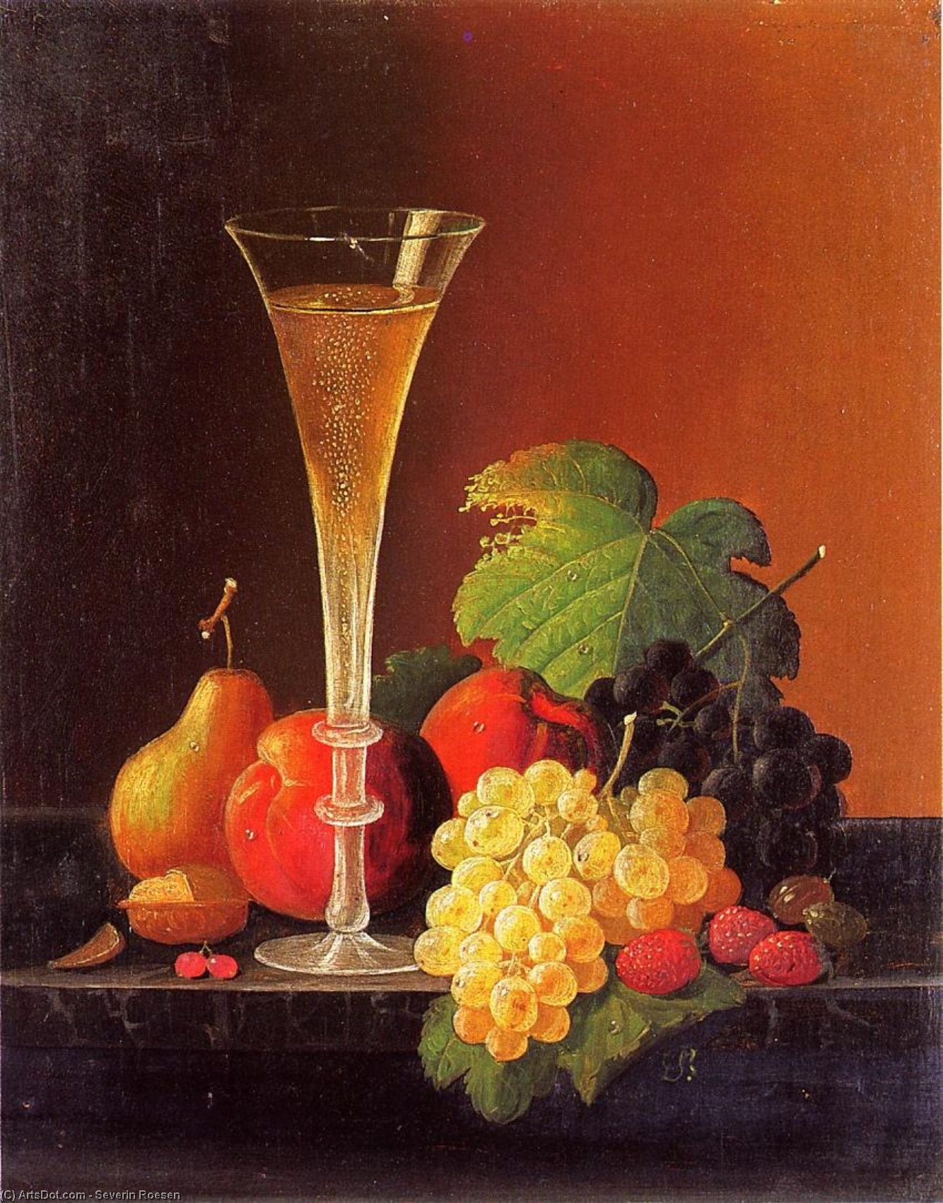 Wikioo.org - The Encyclopedia of Fine Arts - Painting, Artwork by Severin Roesen - Fruit and a Glass of Champagne on a Tabletop