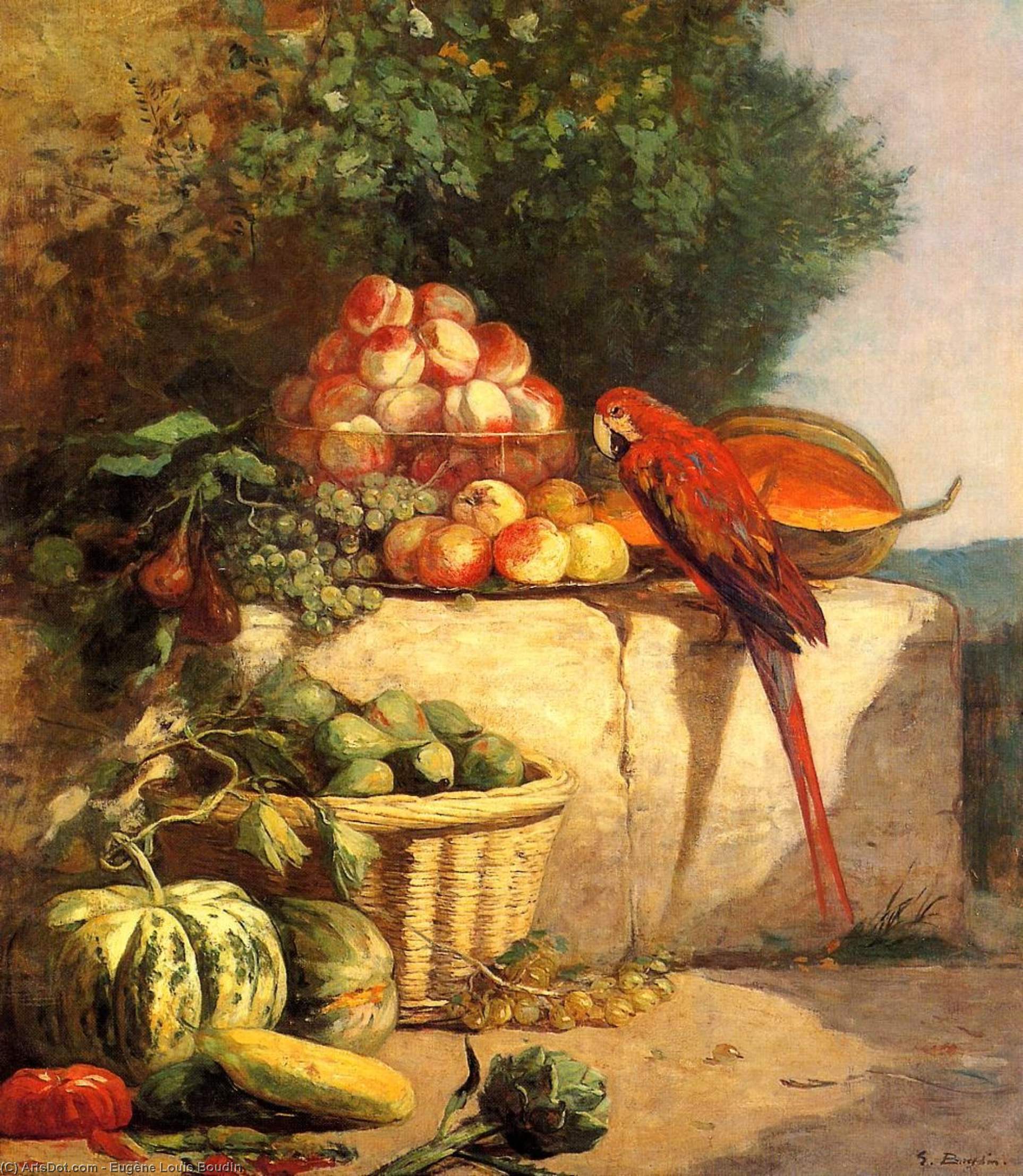 Wikioo.org - The Encyclopedia of Fine Arts - Painting, Artwork by Eugène Louis Boudin - Fruit and Vegetables with a Parrot