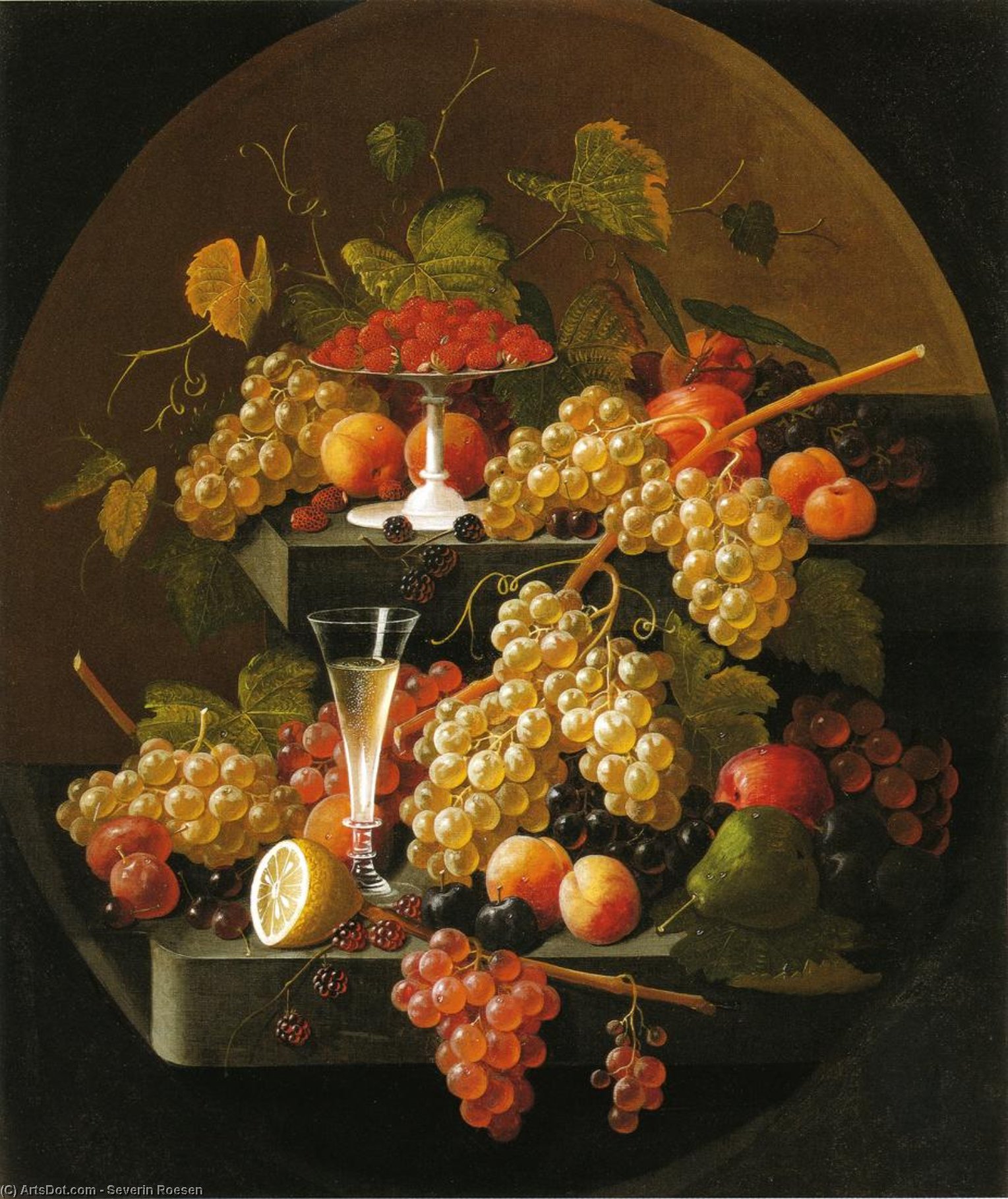 Wikioo.org - The Encyclopedia of Fine Arts - Painting, Artwork by Severin Roesen - Fruit and Wine Glass