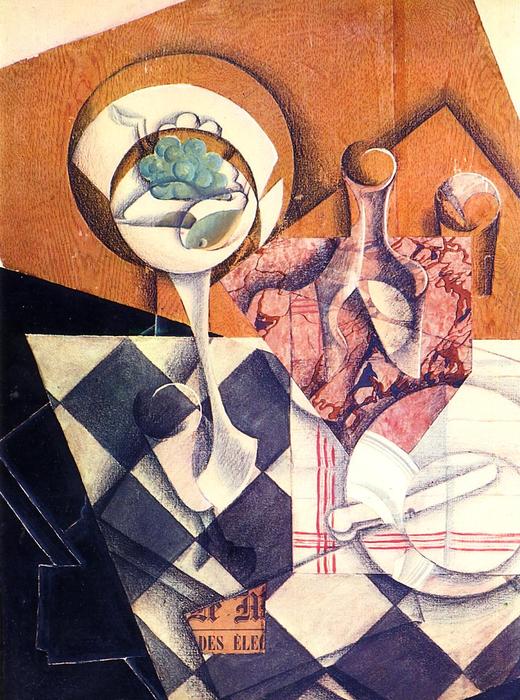 Wikioo.org - The Encyclopedia of Fine Arts - Painting, Artwork by Juan Gris - Fruit Bowl with Bottle