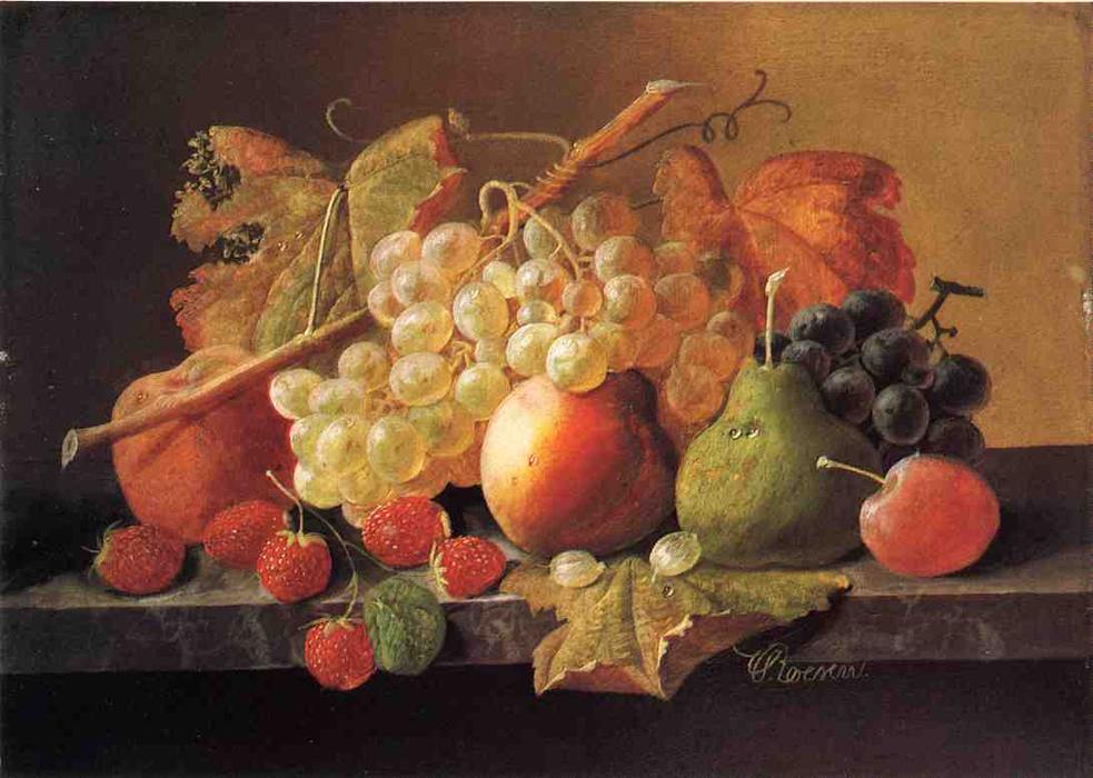 Wikioo.org - The Encyclopedia of Fine Arts - Painting, Artwork by Severin Roesen - Fruit on a Marble Ledge
