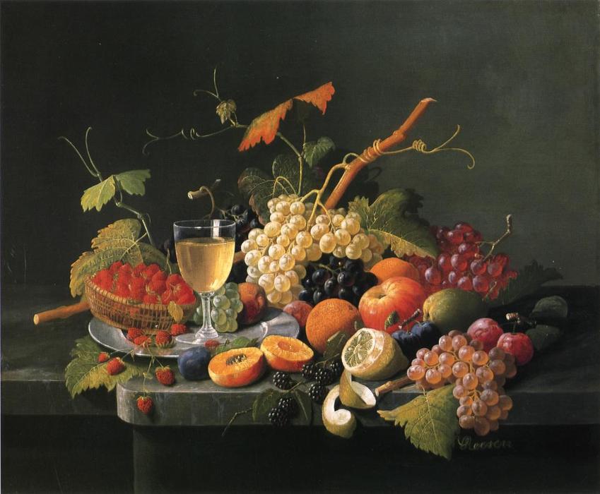 WikiOO.org - Enciclopedia of Fine Arts - Pictura, lucrări de artă Severin Roesen - Fruit on a Marble Ledge with Wine Glass