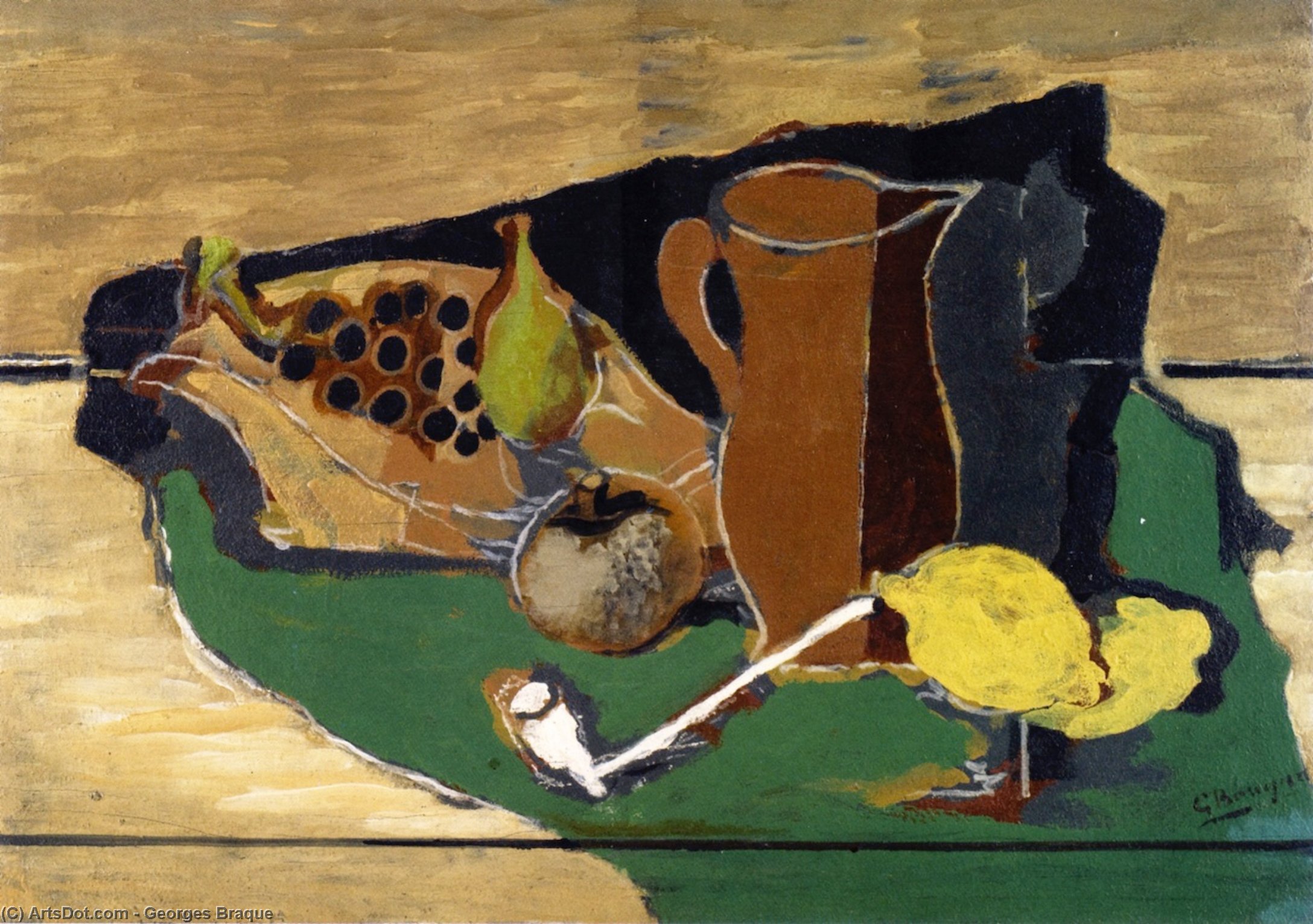 Wikioo.org - Bách khoa toàn thư về mỹ thuật - Vẽ tranh, Tác phẩm nghệ thuật Georges Braque - Fruit, Pitcher and Pipe