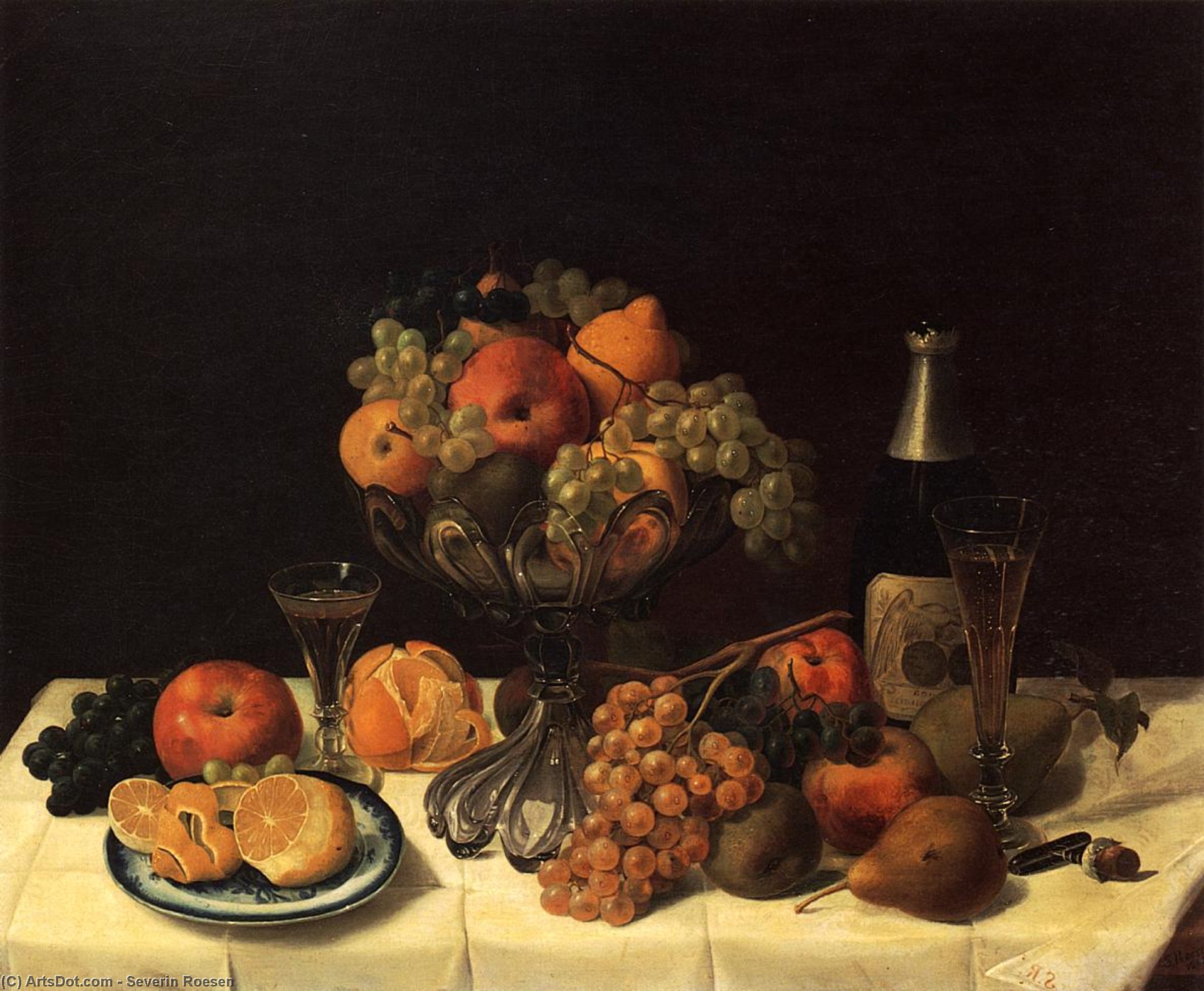 Wikioo.org - The Encyclopedia of Fine Arts - Painting, Artwork by Severin Roesen - Fruit Still Life with Champagne Bottle