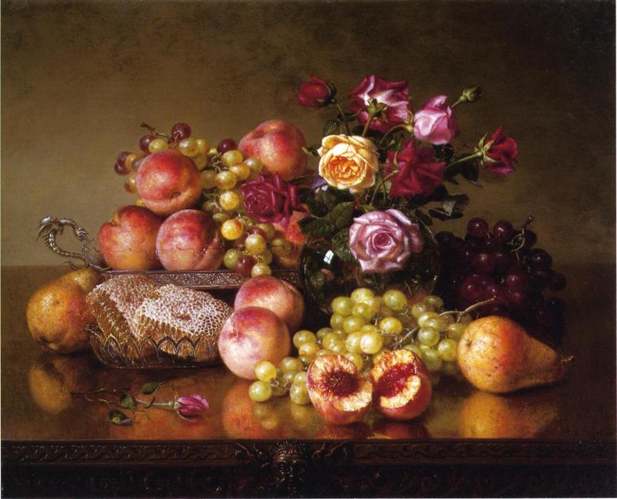 Wikioo.org - The Encyclopedia of Fine Arts - Painting, Artwork by Robert Spear Dunning - Fruit Still Life with Roses and Honeycomb