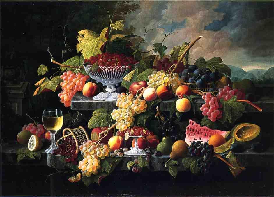 Wikioo.org - The Encyclopedia of Fine Arts - Painting, Artwork by Severin Roesen - Fruit Still Life with Wine Glass in a Landscape
