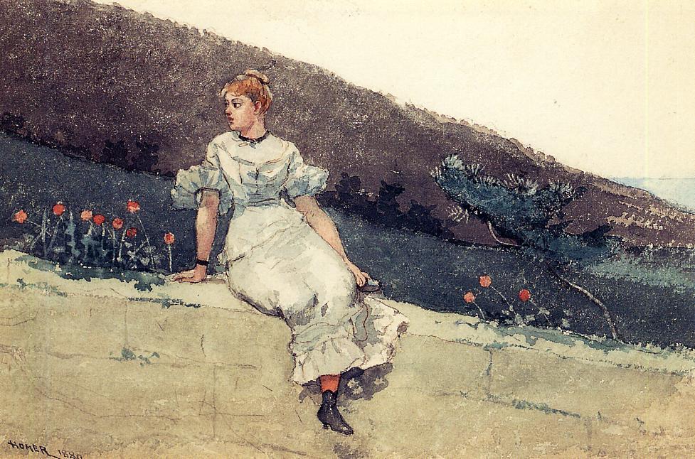 Wikioo.org - The Encyclopedia of Fine Arts - Painting, Artwork by Winslow Homer - The Garden Wall (also known as Girl on a Garden Wall)