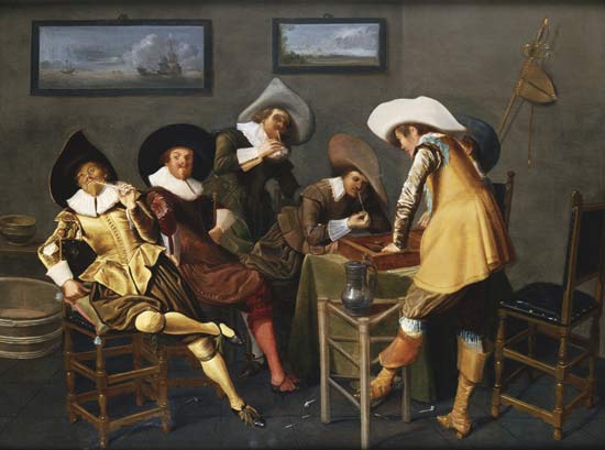 WikiOO.org - אנציקלופדיה לאמנויות יפות - ציור, יצירות אמנות Dirck Hals - Gentlemen Smoking and Playing Backgammon in an Interior