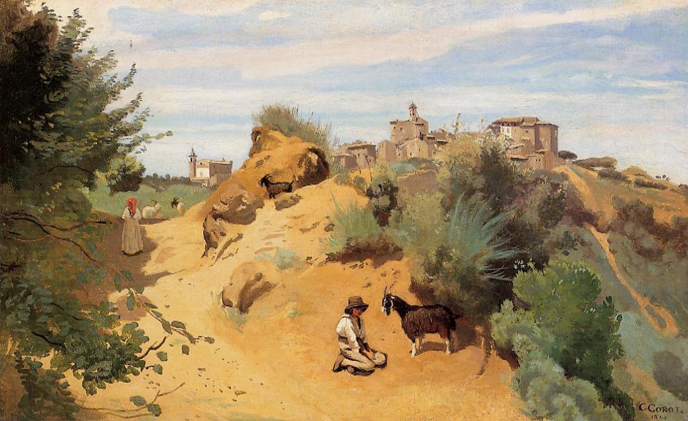 WikiOO.org - אנציקלופדיה לאמנויות יפות - ציור, יצירות אמנות Jean Baptiste Camille Corot - Genzano - Goatherd and Village