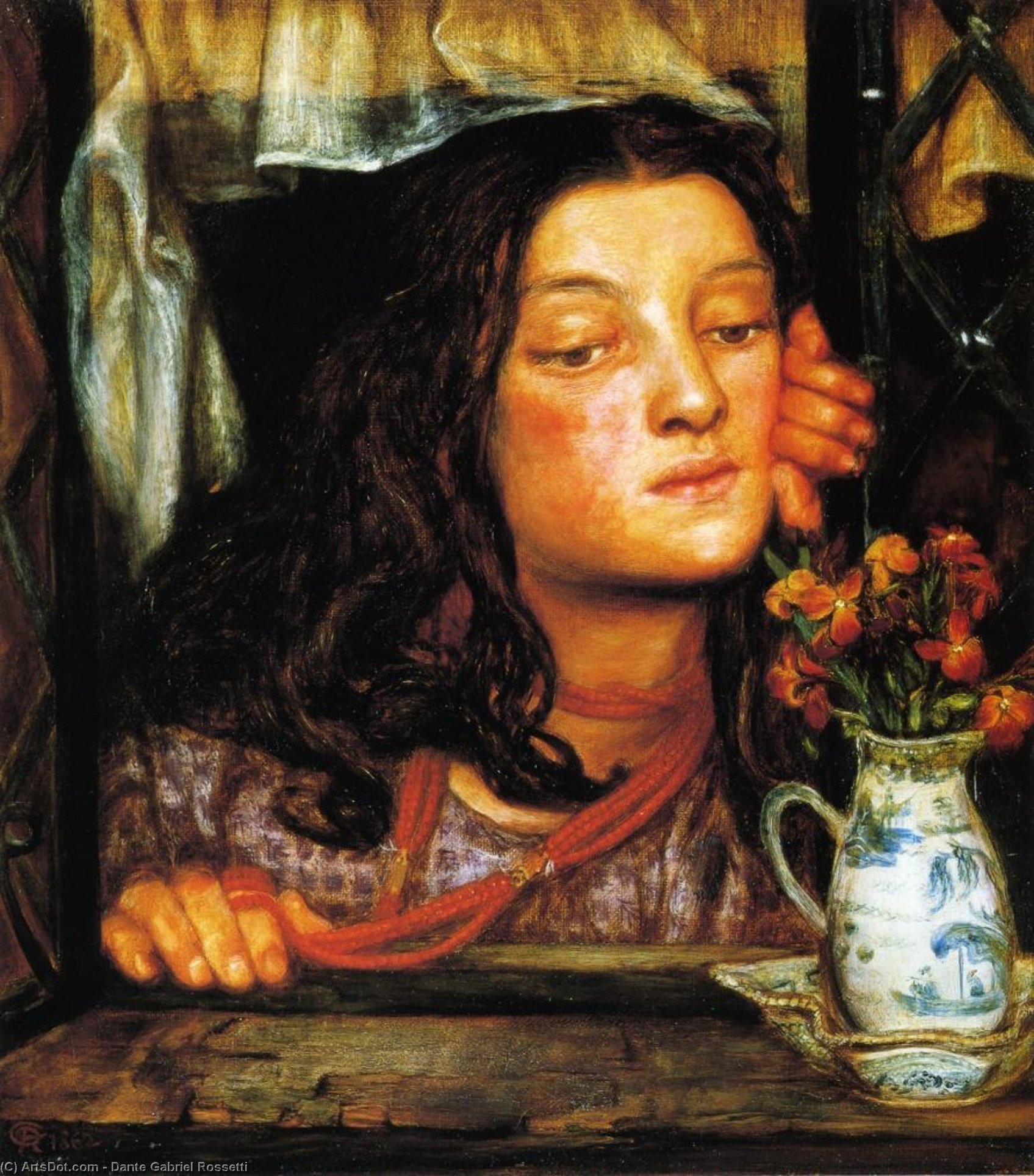 Wikoo.org - موسوعة الفنون الجميلة - اللوحة، العمل الفني Dante Gabriel Rossetti - Girl at Lattice