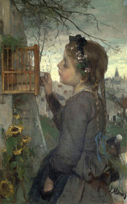 Wikioo.org - The Encyclopedia of Fine Arts - Painting, Artwork by Jacob Henricus Maris - Girl feeding her Bird in a Cage