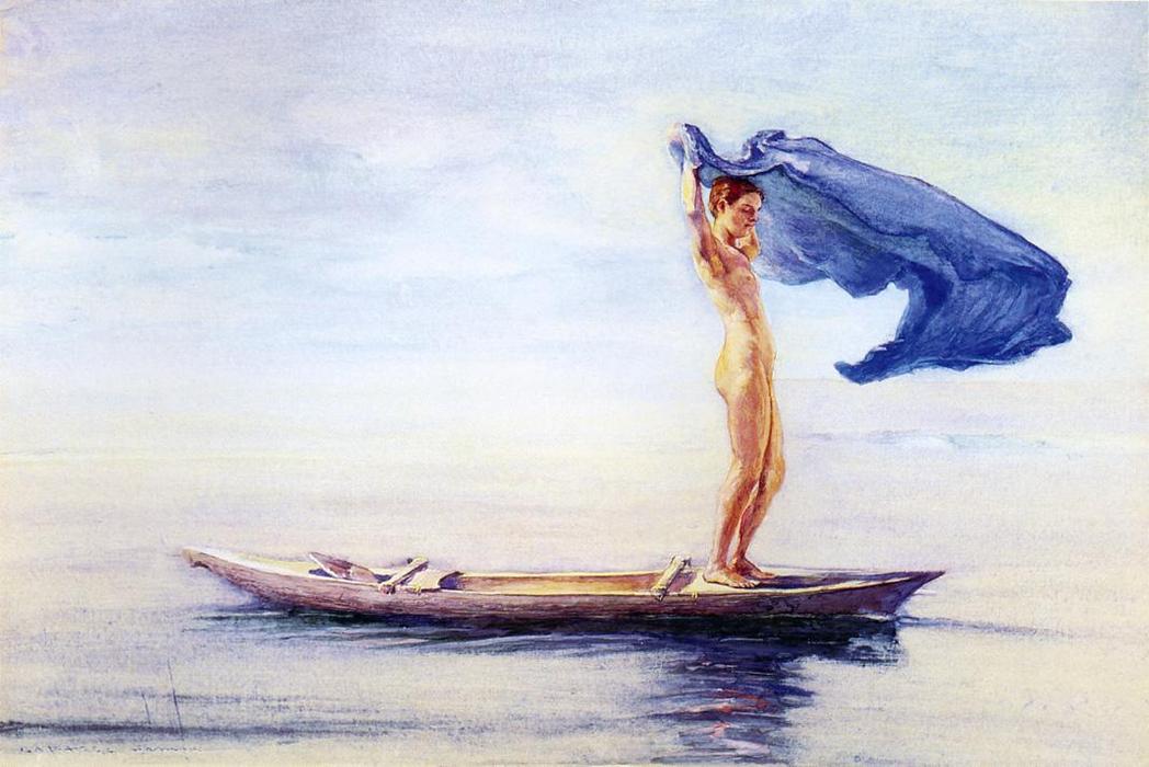Wikoo.org - موسوعة الفنون الجميلة - اللوحة، العمل الفني John La Farge - Girl in Bow of Canoe Spreading Out Her Loin-Cloth for a Sail, Samoa (also known as Fayaway)