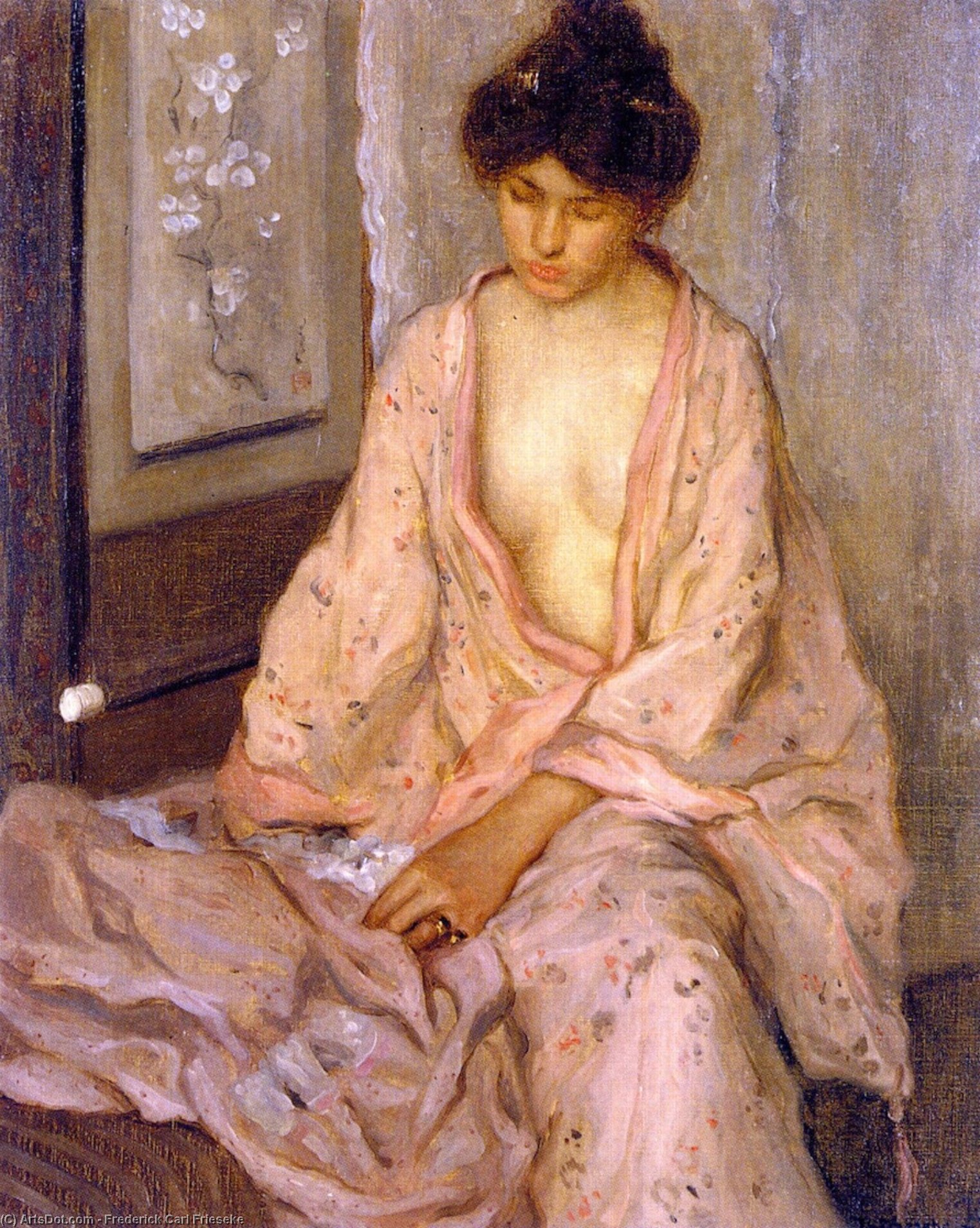 Wikioo.org - The Encyclopedia of Fine Arts - Painting, Artwork by Frederick Carl Frieseke - Girl in Pink (also known as The Pink Kimono)