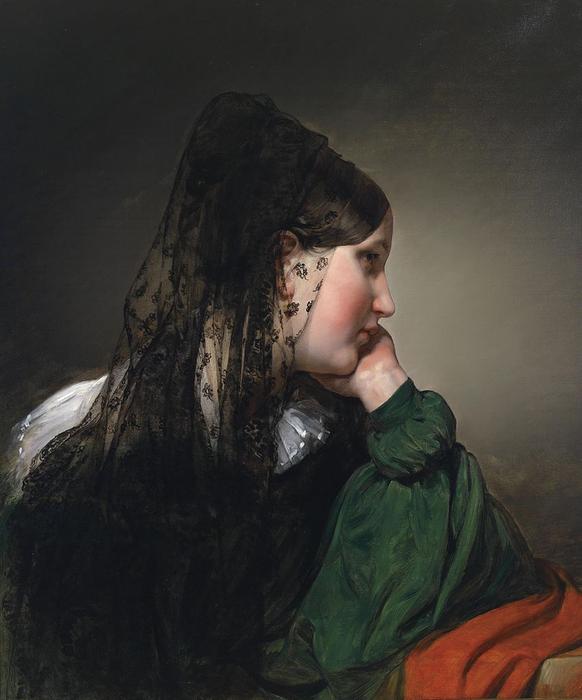 Wikioo.org - Die Enzyklopädie bildender Kunst - Malerei, Kunstwerk von Friedrich Ritter Von Amerling - Mädchen im Profil mit einem schwarzen Mantille