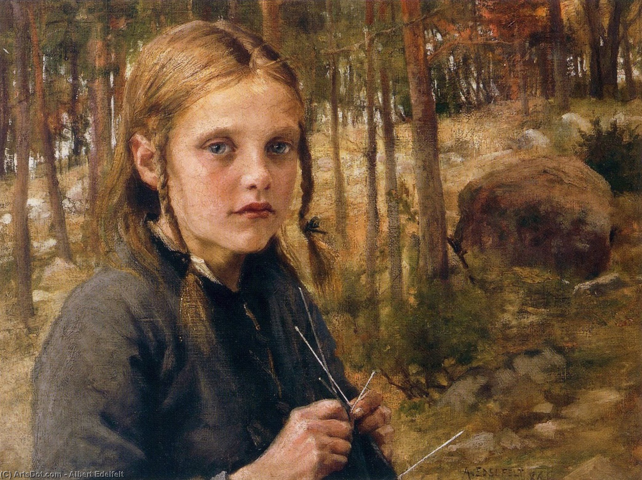Wikioo.org - The Encyclopedia of Fine Arts - Painting, Artwork by Albert Edelfelt - A Girl Knitting Socks