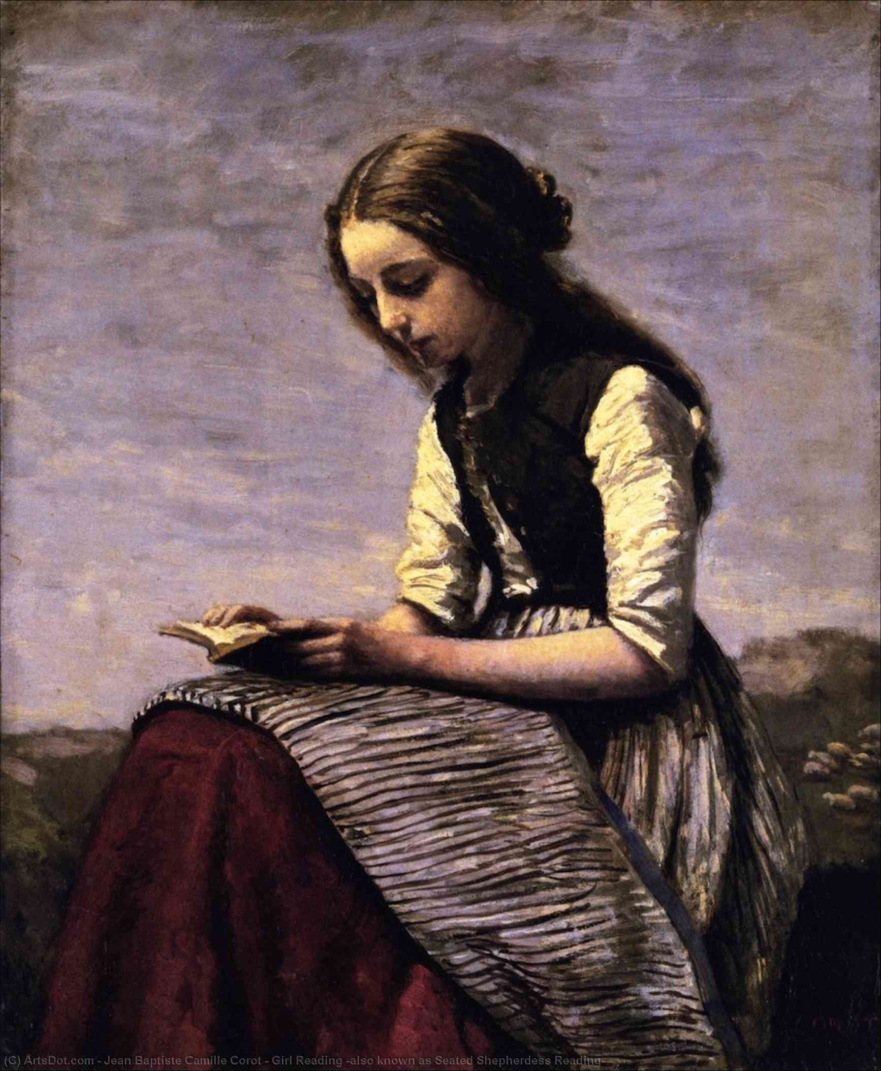 Wikioo.org - The Encyclopedia of Fine Arts - Painting, Artwork by Jean Baptiste Camille Corot - Girl Reading (also known as Seated Shepherdess Reading)