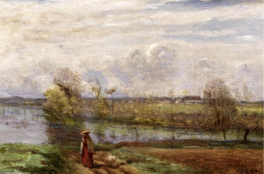 WikiOO.org - אנציקלופדיה לאמנויות יפות - ציור, יצירות אמנות Jean Baptiste Camille Corot - Girl Reading by the Water