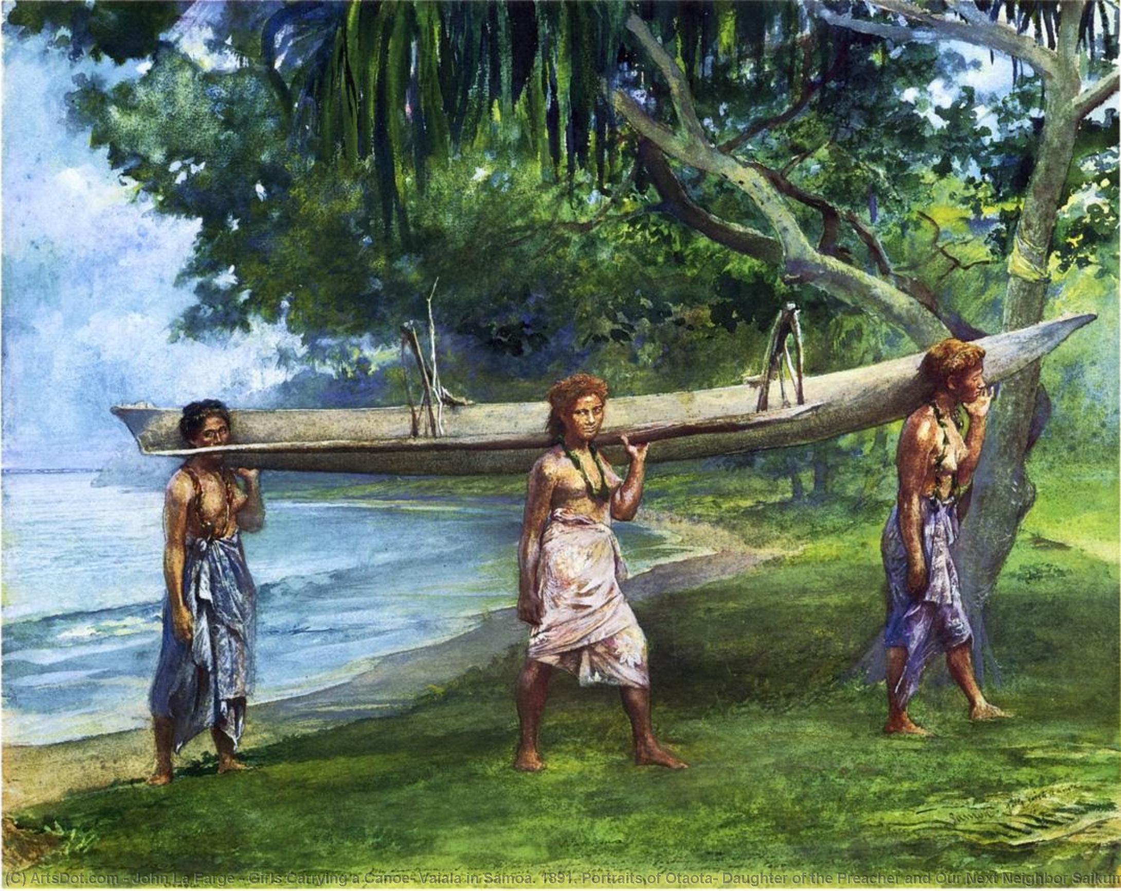 Wikioo.org - The Encyclopedia of Fine Arts - Painting, Artwork by John La Farge - Girls Carrying a Canoe, Vaiala in Samoa. 1891. Portraits of Otaota, Daughter of the Preacher and Our Next Neighbor Saikumu. The First Girl is Faaifi