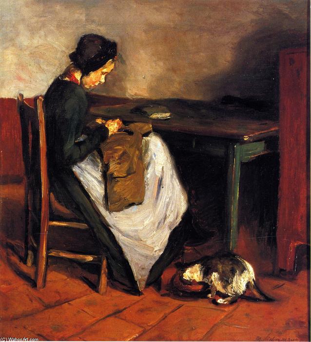 Wikioo.org - The Encyclopedia of Fine Arts - Painting, Artwork by Max Liebermann - Girl Sewing with Cat - Dutch Interior