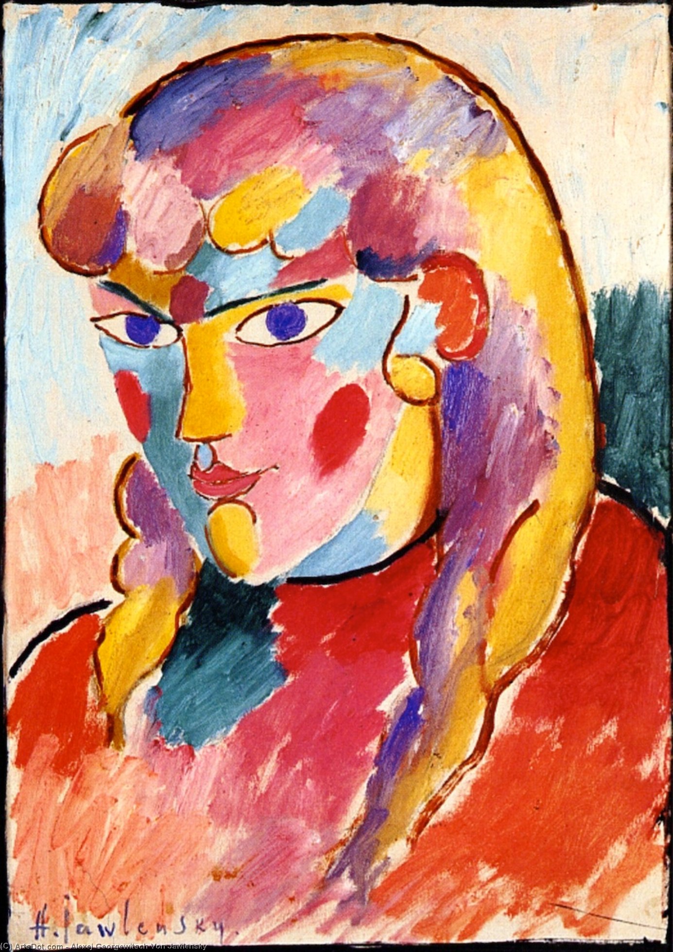 Wikioo.org - The Encyclopedia of Fine Arts - Painting, Artwork by Alexej Georgewitsch Von Jawlensky - Girl with Blue Eyes and Two Plaits