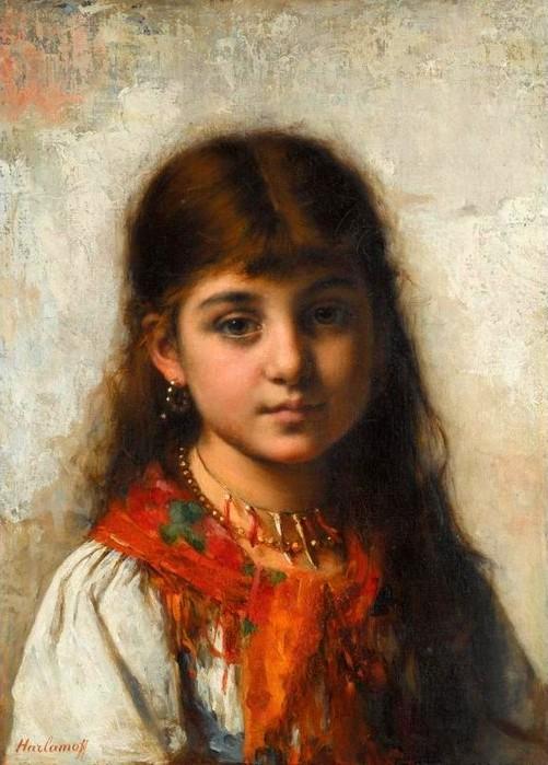 Wikioo.org - The Encyclopedia of Fine Arts - Painting, Artwork by Alexei Alexeievich Harlamoff - Girl with Coral Necklace and Shawl
