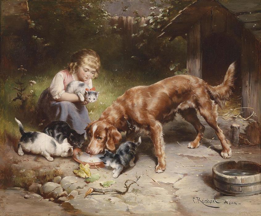 Wikioo.org - The Encyclopedia of Fine Arts - Painting, Artwork by Carl Reichert - Girl with dog and cats (also known as Dinner party)