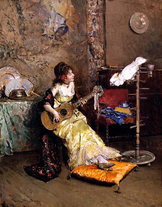 Wikioo.org - The Encyclopedia of Fine Arts - Painting, Artwork by Raimundo De Madrazo Y Garreta - Girl With A Guitar and Parrot