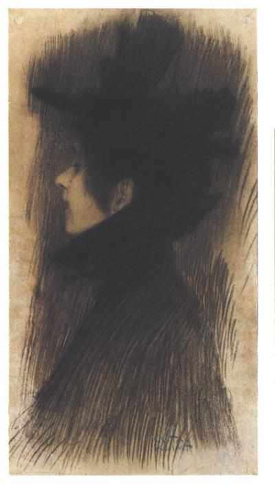 Wikioo.org - Die Enzyklopädie bildender Kunst - Malerei, Kunstwerk von Gustav Klimt - Mädchen mit Hut und Umhang im Profil