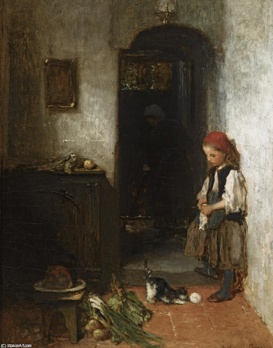Wikioo.org - The Encyclopedia of Fine Arts - Painting, Artwork by Jacob Henricus Maris - A Girl with a Playing Kitten