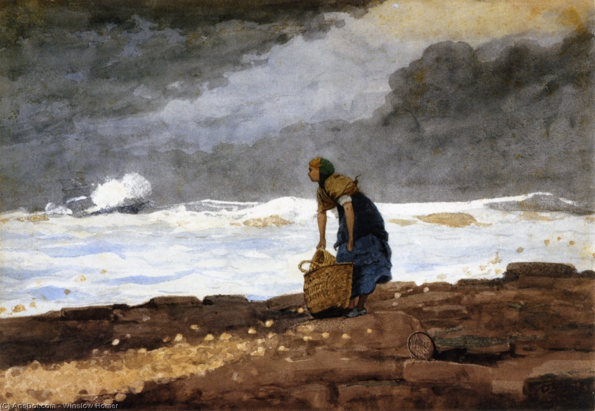 Wikioo.org - Bách khoa toàn thư về mỹ thuật - Vẽ tranh, Tác phẩm nghệ thuật Winslow Homer - Girl with Red Stockings