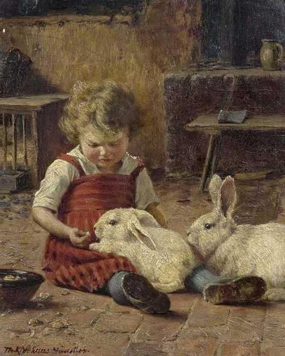 Wikioo.org - Bách khoa toàn thư về mỹ thuật - Vẽ tranh, Tác phẩm nghệ thuật Theodore Kleehaas - Girl with two hares