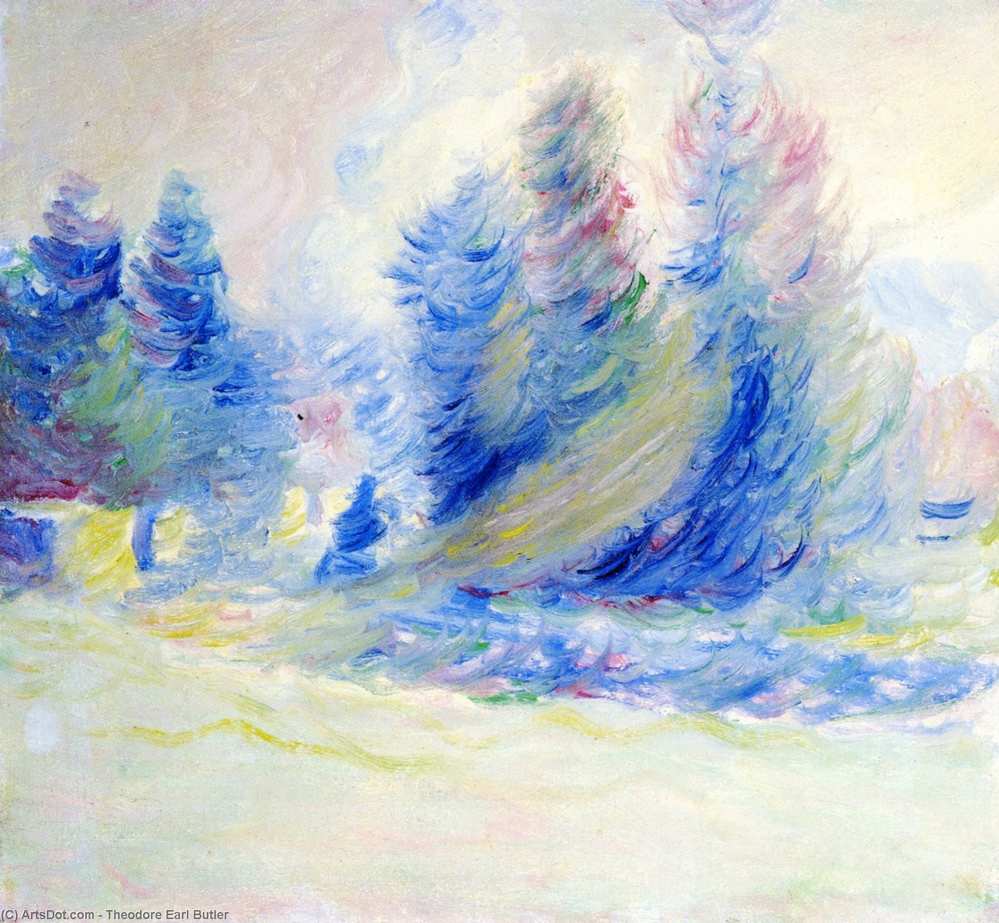 Wikioo.org - The Encyclopedia of Fine Arts - Painting, Artwork by Theodore Earl Butler - Giverny Trees, Wind, and Snow