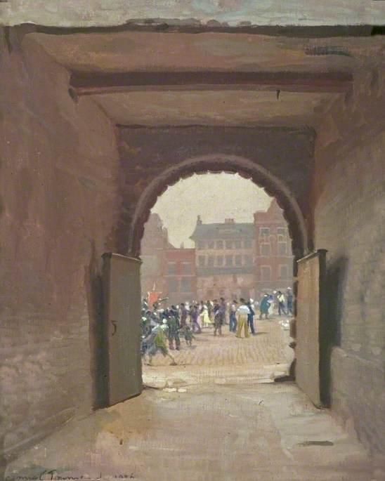 Wikioo.org – La Enciclopedia de las Bellas Artes - Pintura, Obras de arte de Ernest Townsend - A Glimpse of Derby Market Place en el Día de Carnaval