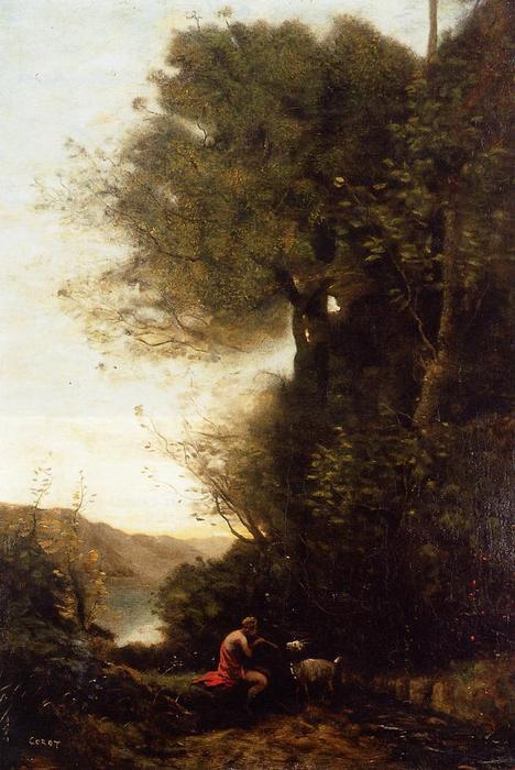 Wikioo.org – L'Enciclopedia delle Belle Arti - Pittura, Opere di Jean Baptiste Camille Corot - Goatherd Affascinante la sua capra con un flauto