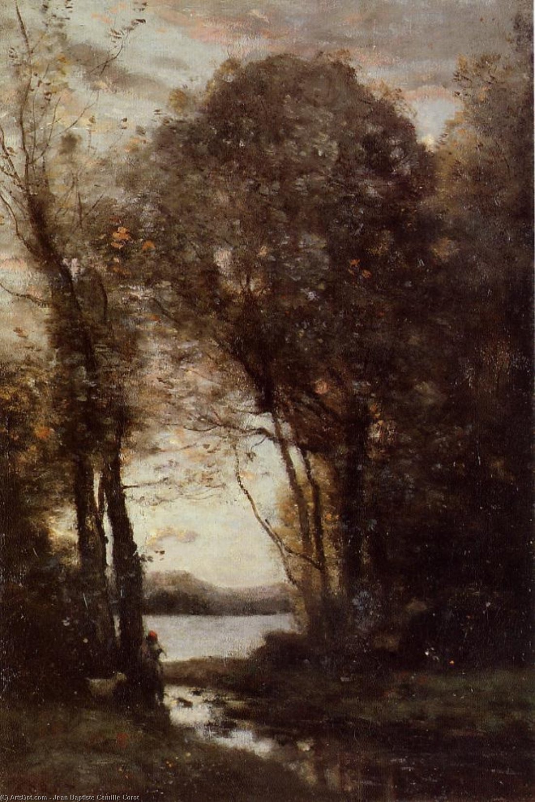WikiOO.org - Encyclopedia of Fine Arts - Målning, konstverk Jean Baptiste Camille Corot - Goatherd Standing, Playing the Flute under the Trees