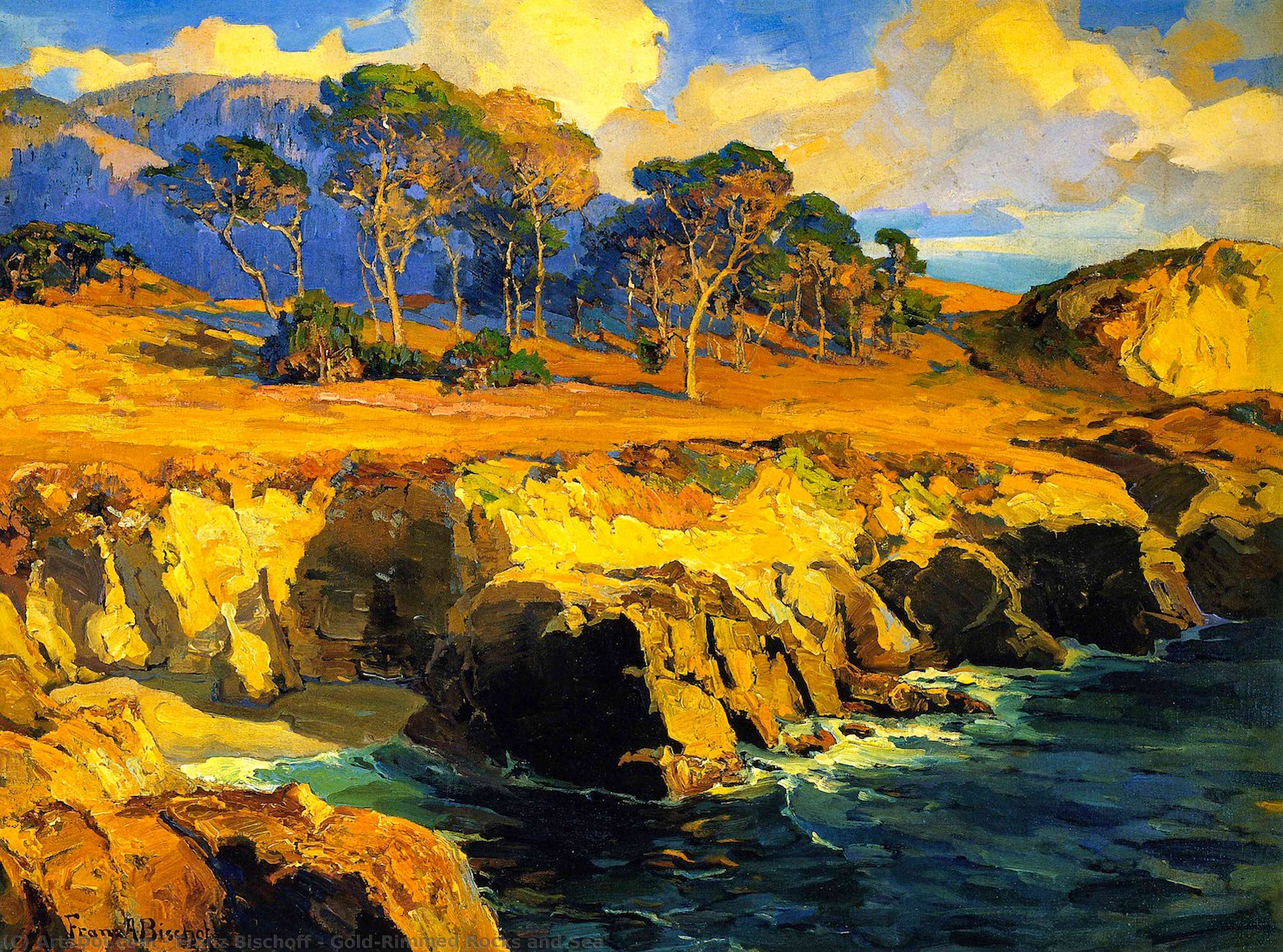 Wikioo.org - The Encyclopedia of Fine Arts - Painting, Artwork by Franz Bischoff - Gold-Rimmed Rocks and Sea