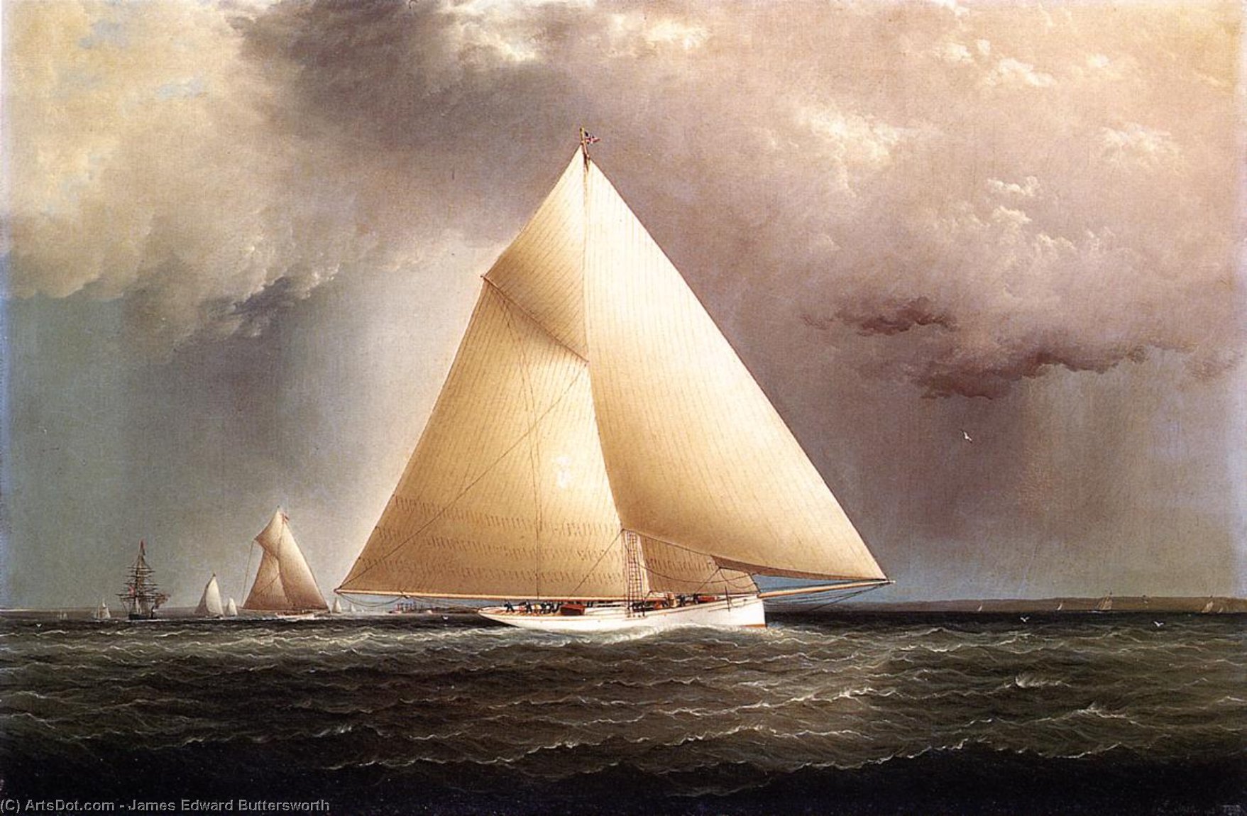 Wikioo.org - The Encyclopedia of Fine Arts - Painting, Artwork by James Edward Buttersworth - 'Gracie', 'Vision' and 'Cornelia' rounding Sandy Hook in the New York Yacht Club Regatta of June 11, 1874