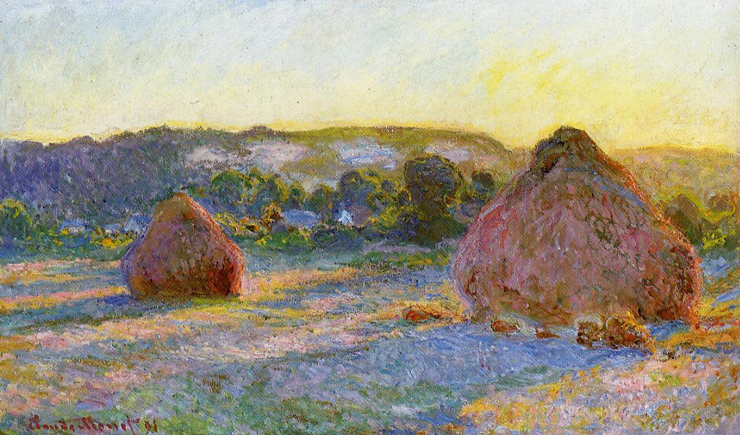 WikiOO.org – 美術百科全書 - 繪畫，作品 Claude Monet - Grainstacks  在 结束 夏天 , 晚报效应