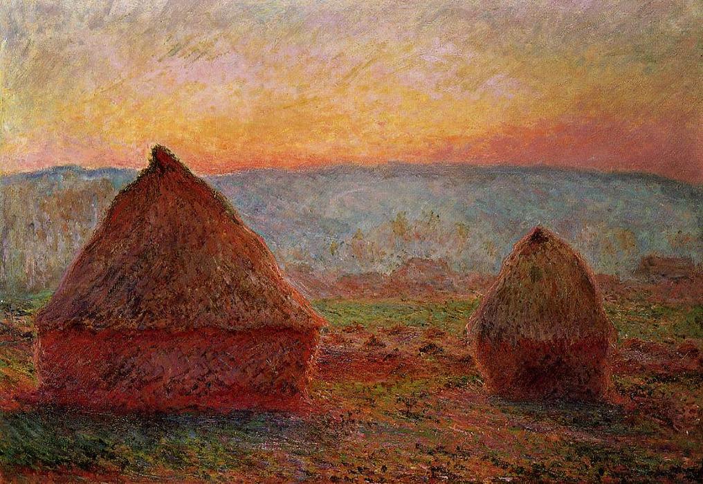 WikiOO.org - Enciclopédia das Belas Artes - Pintura, Arte por Claude Monet - Grainstacks at Giverny, Sunset