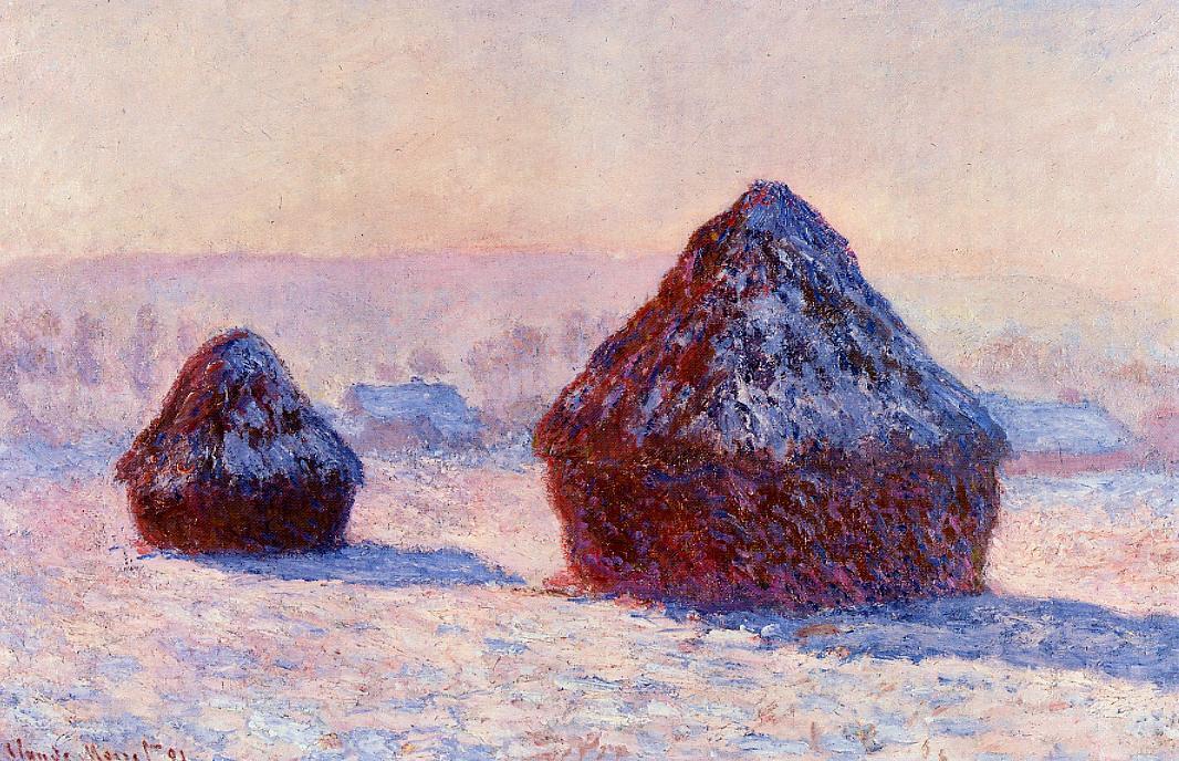 Wikioo.org – L'Enciclopedia delle Belle Arti - Pittura, Opere di Claude Monet - Grainstacks Al mattino la neve  effetto