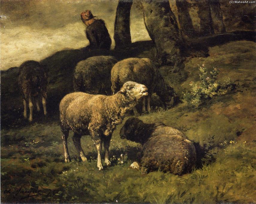 Wikioo.org - สารานุกรมวิจิตรศิลป์ - จิตรกรรม Charles Émile Jacque - Grazing Sheep with a Sheperdhess Beyond