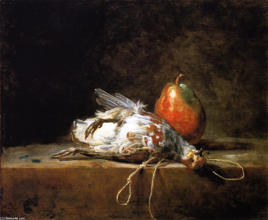 Wikioo.org - The Encyclopedia of Fine Arts - Painting, Artwork by Jean-Baptiste Simeon Chardin - Grey Partridge, Pear and Snare on a Stone Table