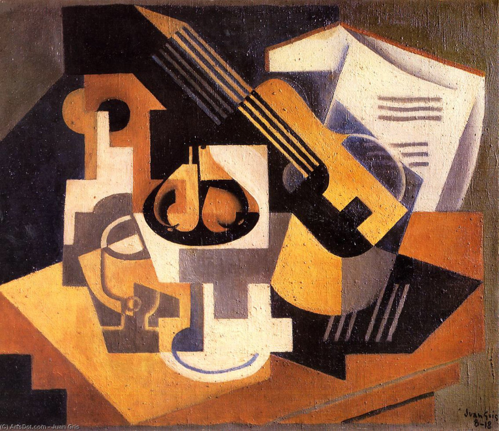 Wikioo.org - The Encyclopedia of Fine Arts - Painting, Artwork by Juan Gris - Guitar and Fruit Bowl on a Table