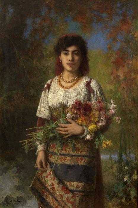 Wikioo.org - The Encyclopedia of Fine Arts - Painting, Artwork by Alexei Alexeievich Harlamoff - Gypsy Girl with Flowers