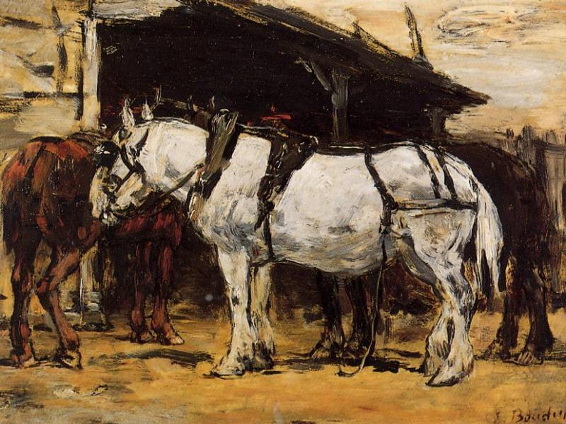 Wikioo.org - The Encyclopedia of Fine Arts - Painting, Artwork by Eugène Louis Boudin - Harnessed Horses