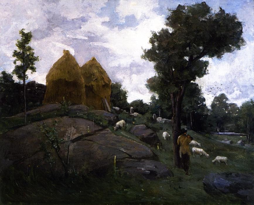 Wikioo.org - The Encyclopedia of Fine Arts - Painting, Artwork by Julian Alden Weir - Haystacks, Shepherd and Sheep