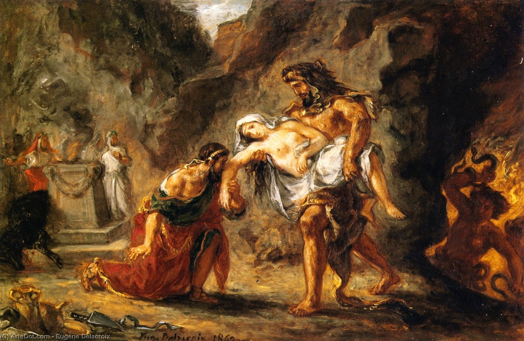 Wikioo.org – La Enciclopedia de las Bellas Artes - Pintura, Obras de arte de Eugène Delacroix - Hércules Traer Alcestis Volver del Inframundo
