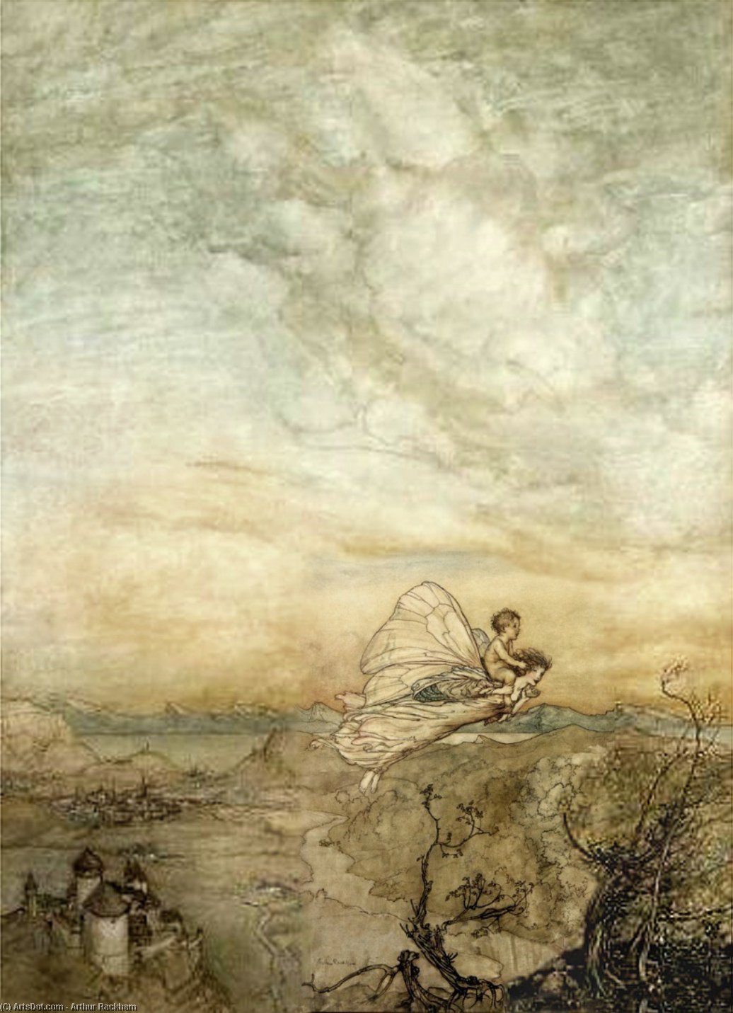 Wikoo.org - موسوعة الفنون الجميلة - اللوحة، العمل الفني Arthur Rackham - '...her fairy sent To bear him to my bower in fairy land (also known as her fairy sent)'