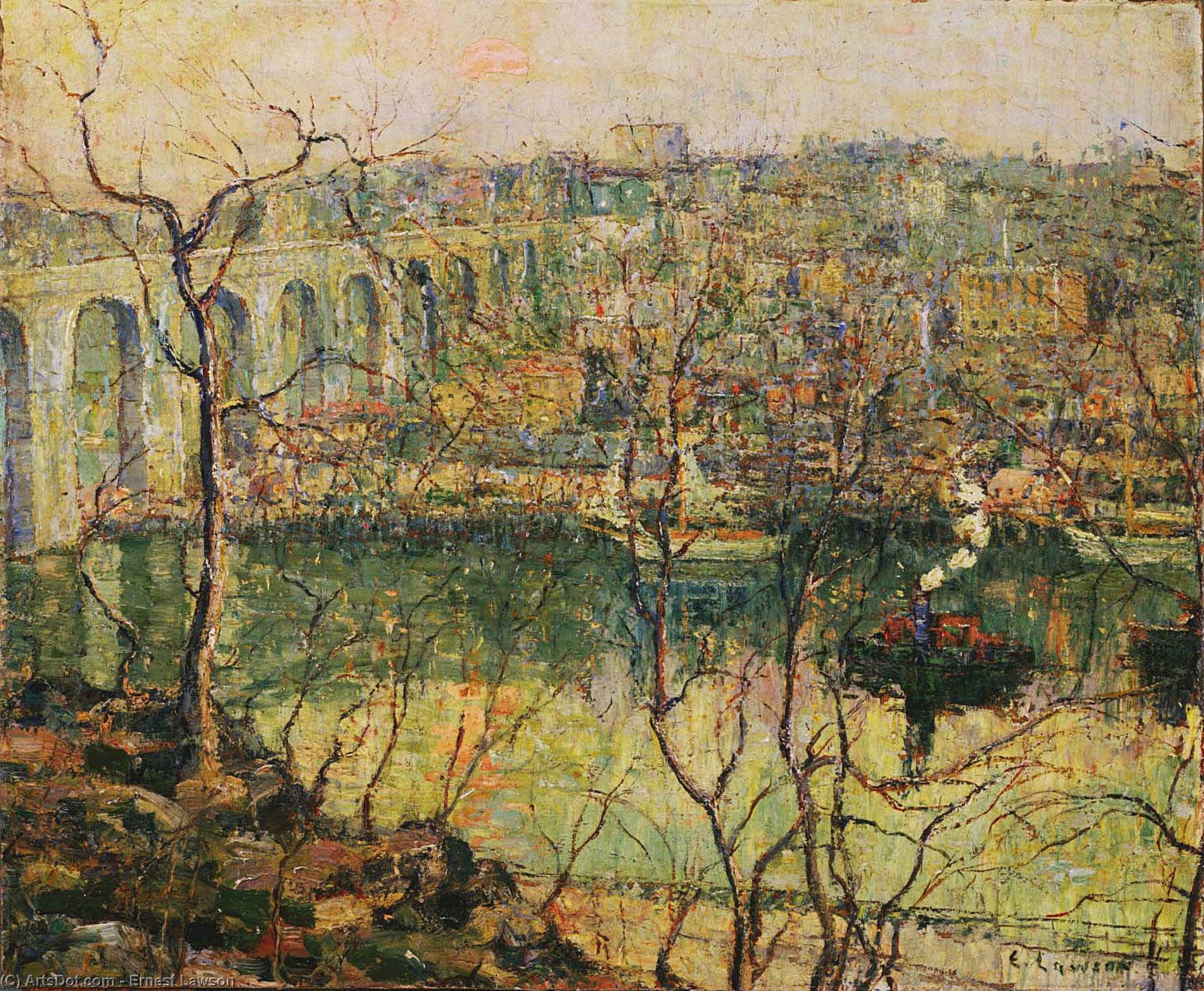Wikioo.org - The Encyclopedia of Fine Arts - Painting, Artwork by Ernest Lawson - High Bridge - Early Moon
